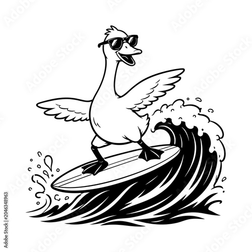 Funny goose surfing silhouette wearing sunglasses on ocean wave, cute summer beach bird cartoon vector illustration isolated on white background