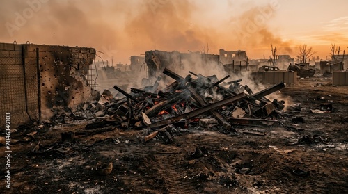 Remains of a building ablaze with smoke and debris against an orange sky
