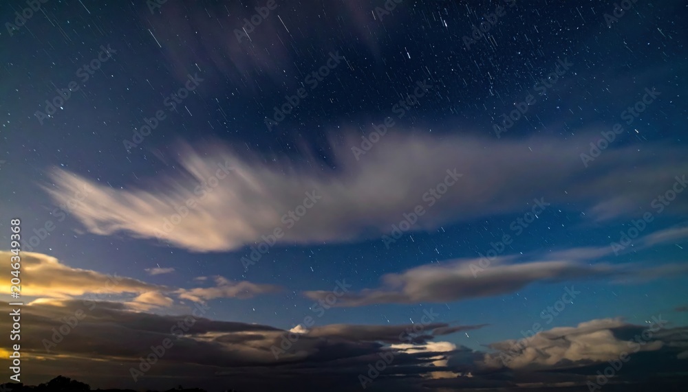Fototapeta premium Stars streak and disappear behind fast-moving clouds in a dramatic night time-lapse revealing the vastness of the cosmos
