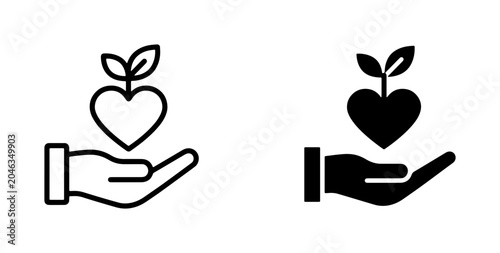 Fényképezés Heart sprout icon, hand holding plant, care symbol, growth concept, vector graph
