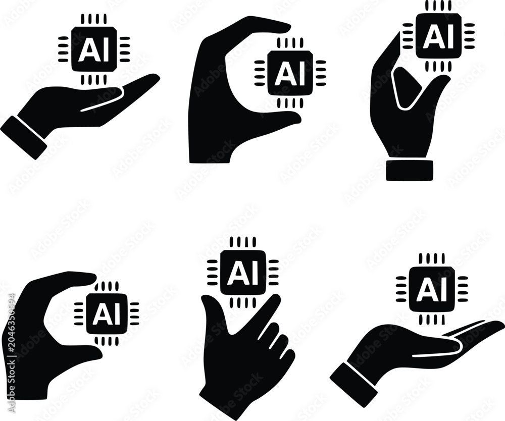 Obraz premium Hand Holding AI Microchip Silhouette Vector Set Artificial Intelligence Technology Concept