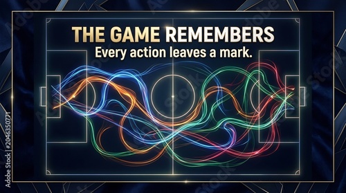 Soccer field with colorful glowing lines and text 'the game remembers'