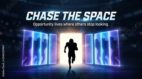 Football player sprinting through glowing doors opportunity concept