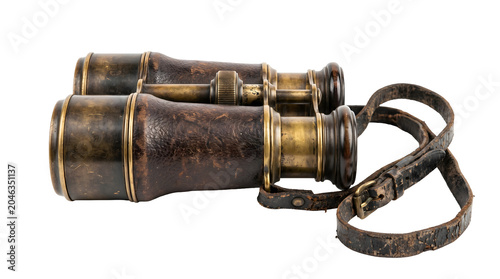 Vintage Leather Binoculars: A pair of antique leather binoculars with a worn strap, evoking a sense of exploration, adventure, and a bygone era.