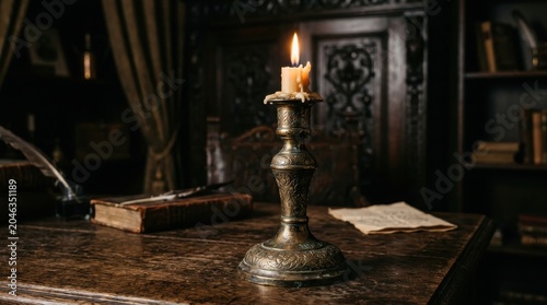 Ornate antique brass candlestick holding a lit candle on a vintage wooden desk with an old book and parchment