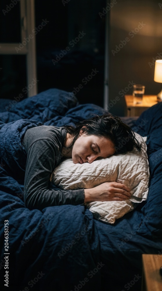 Fototapeta premium Peaceful Slumber Deeply Resting Woman In Comfortable Bed At Nighttime