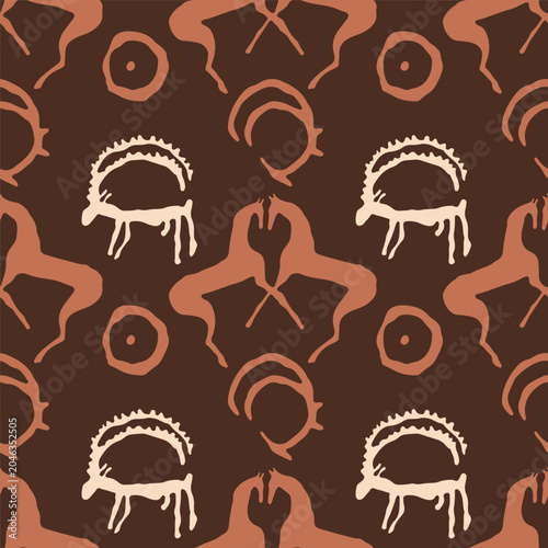 Ancient horse pair and ibex petroglyph seamless background, Saimaluu Tash cave art with animal drawing for ethnic notebook book cover