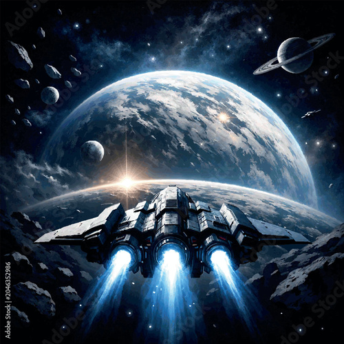 Space flight vector illustration. Powerful spaceship.
