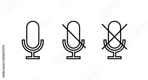 Versatile set of minimalist line icons depicting active, muted, and disabled microphone states for various digital communication and audio control interfaces