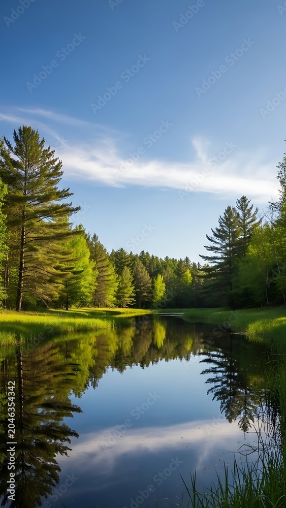 Obraz premium Tranquil river scene reflecting lush green trees and blue sky on a bright day