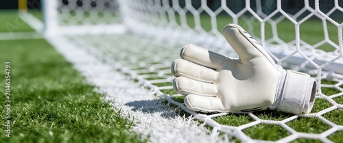White soccer goalkeeper glove lying on turf inside goal net at sports stadium