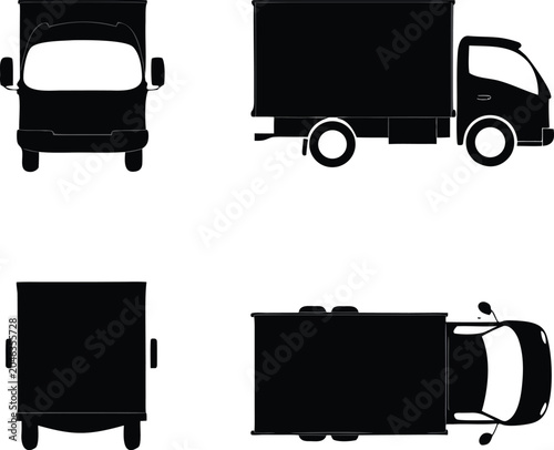 Delivery truck silhouette vector collection with multiple angles including side and top perspective.