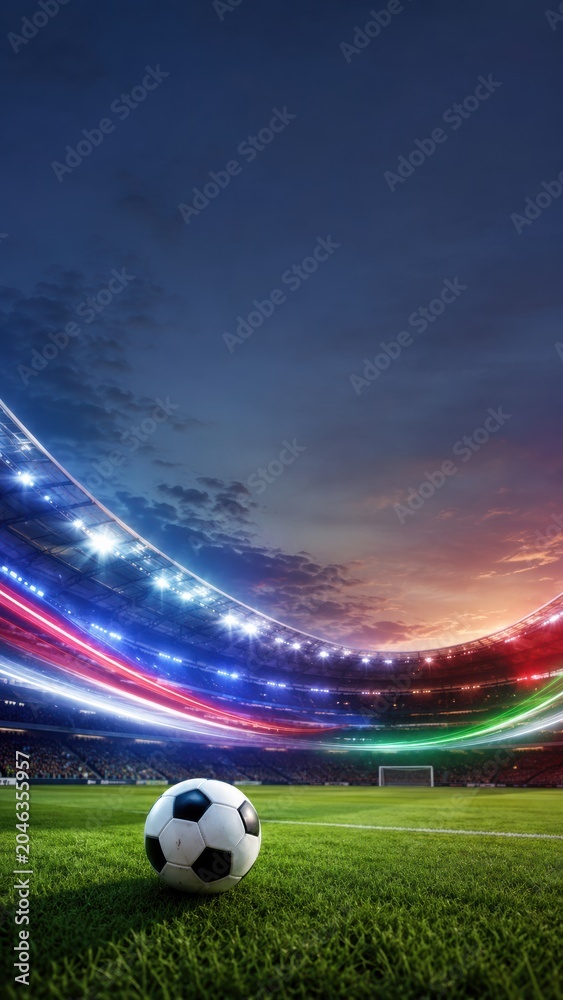 Fototapeta premium Soccer ball on the field with stadium lights during a match