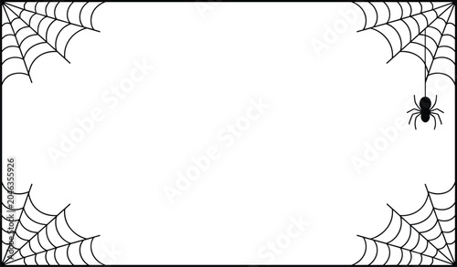 Creepy black spider web border featuring a small hanging arachnid in the corner against a plain white background for design.