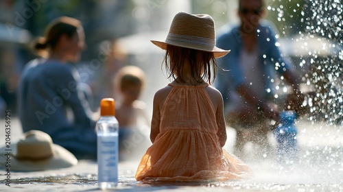 Child sitting near urban cooling fountain during summer heatwave, wearing sun hat and staying hydrated outdoors. Concept of heat safety, family protection and public cooling measures