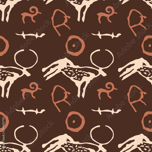 Ancient petroglyph bull and circle seamless pattern, Saimaluu Tash cave art with primitive dot symbol on brown background for gift wrapping print
