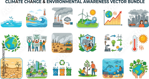 Foto Climate change and environmental awareness vector bundle featuring global warmin