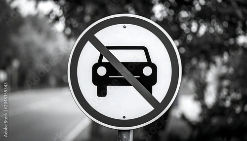 A black and white road sign with a car icon crossed out