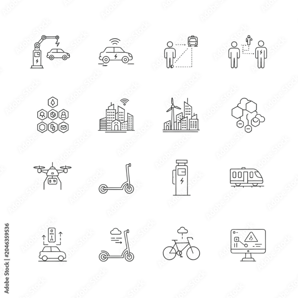 Fototapeta premium Set of 16 Outline Icons Related to Autonomous Mobility, Intelligent Transportation and Future Movement Systems. Editable Stroke Vector Collection