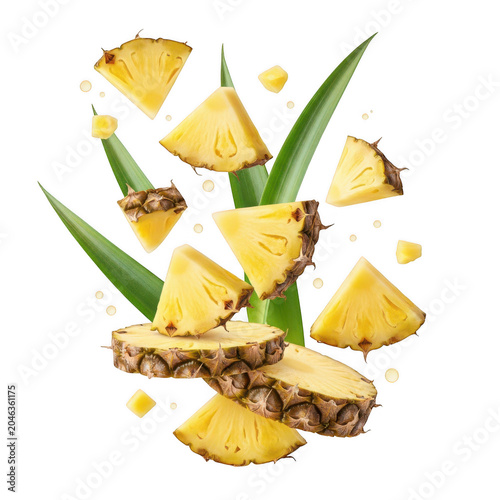 Fresh pineapple slices and green leaves floating in mid air composition isolated on a transparent background