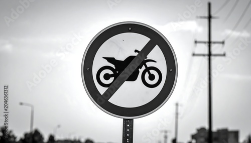 A black and white road sign with a motorcycle silhouette and diagonal line