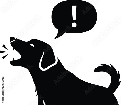 Barking dog silhouette with exclamation mark speech bubble