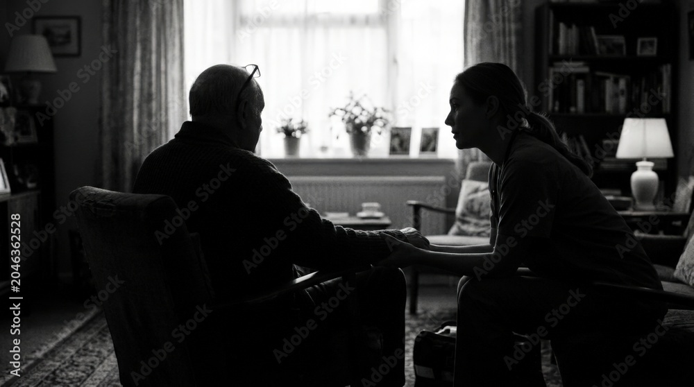Fototapeta premium Caring Woman Comforts Elderly Man Holding Hands Providing Senior Home Healthcare Support & Compassion