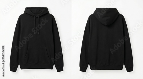 Front and back view of a plain black hoodie isolated on white background
