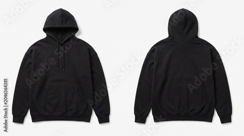 Front and back view of a black hoodie isolated on white background