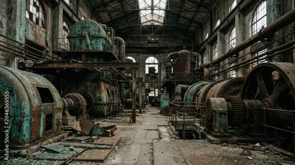 Fototapeta premium Vast Abandoned Industrial Factory Interior Showcasing Colossal Forgotten Machinery Covered in Copper Patina