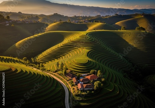 Aerial view of rolling hills with cultivated terraced fields and a small settlement