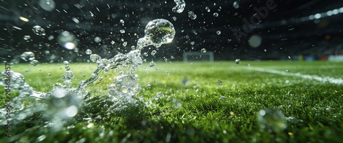 Dynamic water splash on lush green grass of a professional soccer stadium pitch at night