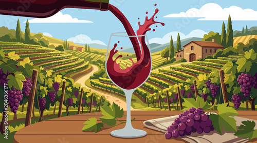 A Toast to the Tuscan Hills: Rich red wine is poured into a glass, creating a mesmerizing swirl against the backdrop of sun-drenched vineyards and rolling hills.