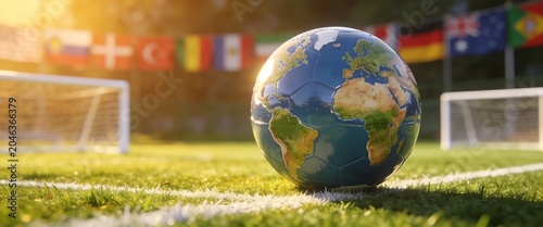 Soccer Ball with Earth Map Texture on Grass Field with International Flags at Sunset