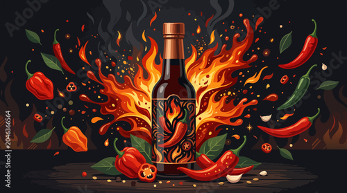 Fiery Chili Sauce Explosion: A bottle of hot sauce sits amidst a vibrant explosion of flames, chili peppers, and spices, symbolizing intense flavor and heat.
