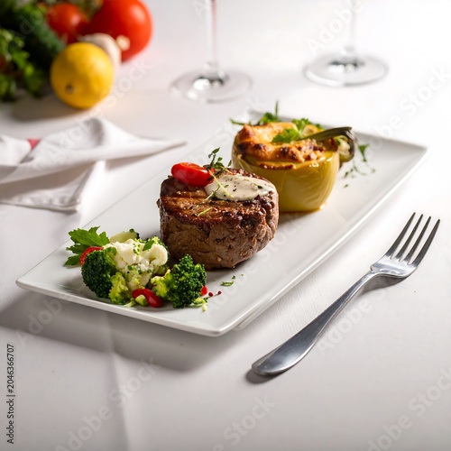 A gourmet dish featuring a fillet steak with sauce and vegetables on a white plate