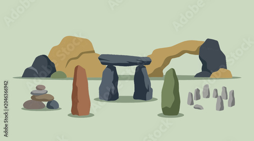 Obraz na plátně An illustration of a prehistoric stone collection on a green landscape with various rock formations