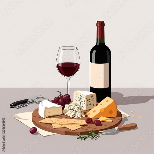 Wooden board with wine and cheese assortment on table.