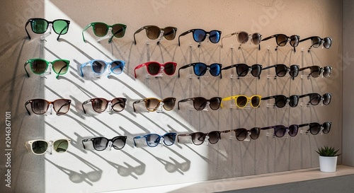 Array of sunglasses displayed on wall for fashion and retail purposes