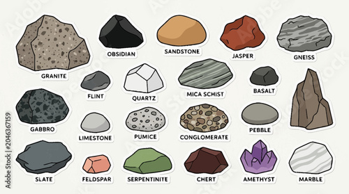 Bild auf Leinwand Illustration of various rocks and minerals on display in a geology collection