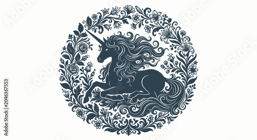 Konstfotografi unicorn silhouette with floral wreath mythical creature