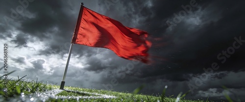 Red warning flag waving on green grass under dark dramatic storm clouds