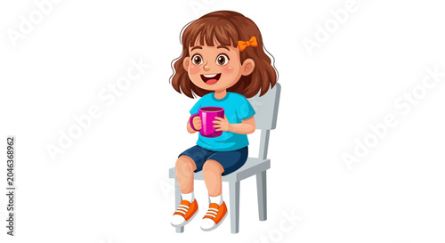 Smiling young girl sitting on chair holding pink cup, cartoon illustration