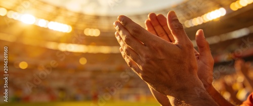 Close up of hands clapping at a large stadium during a sunset sporting event