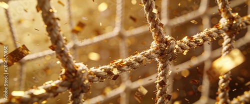 Close up of sports goal net with golden confetti celebrating championship victory and success