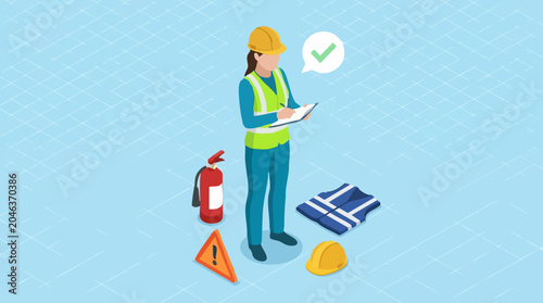 Bild auf Leinwand Workplace Safety Inspection with PPE and Fire Extinguisher Isometric