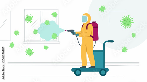 Fotografía Worker in hazmat suit spraying disinfectant to eliminate virus particles