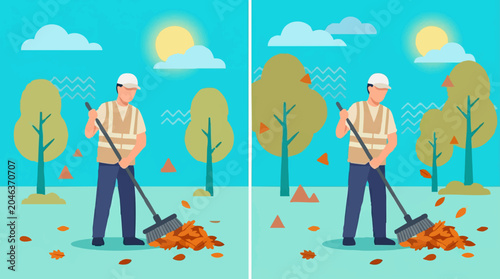Cuadro en lienzo Worker sweeping autumn leaves in a park, fall cleanup illustration