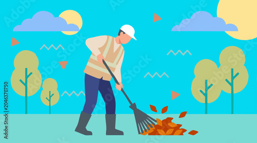 Fotografía Gardener raking autumn leaves in park flat vector illustration