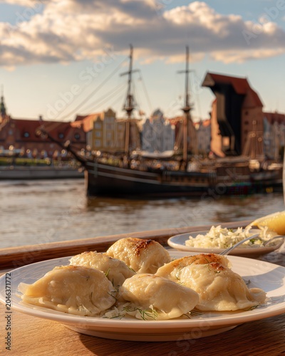 Pierogi with sauerkraut and mushrooms on Gdansk waterfront